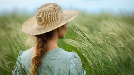 Obraz premium Woman in straw hat standing in green wheat field facing away