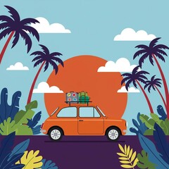 Retro car with luggage on roof. Tropical sunset beach surfing vintage greeting card template, poster, sticker