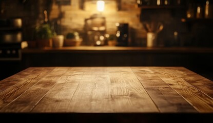 Rustic wooden table in a dimly lit kitchen.