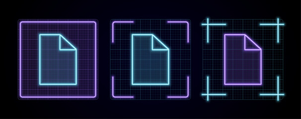 Document icon illustration, cyber neon visual, glowing border grid vector.