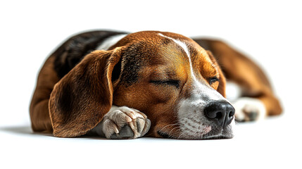 Beagle dog sleeping peacefully on white background.