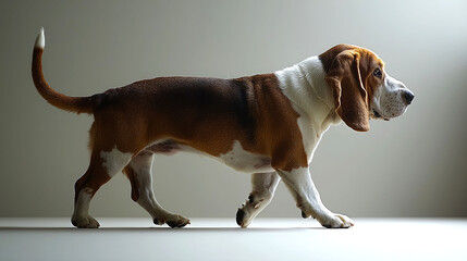 Beagle dog walking, side profile.