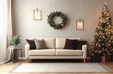 Modern living room with a beige sofa, a wreath and garland on the wall, a Christmas tree, and lanterns, with copy space for text.