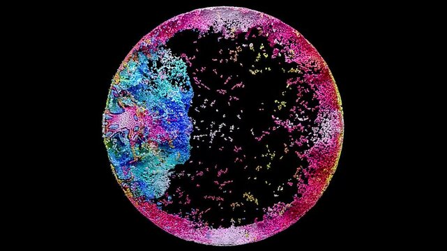 3d render of abstract art video simulation with surreal sphere ball circle shape with small balls particles inside in explosion splash mix process in blue purple mix color on black background