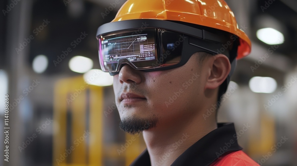 Poster a closeup of a factory worker wearing augmented reality goggles which display relevant data overlays