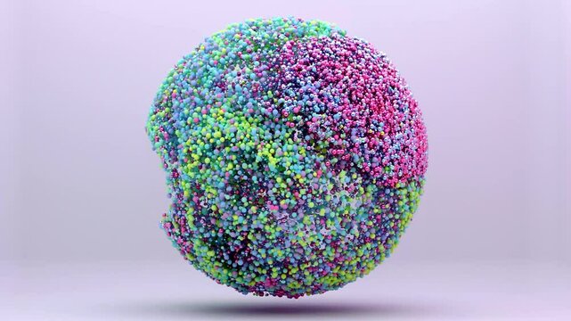 3d render of abstract art video animation with part of a surreal ball or sphere based on small balls molecules particles in motion wavy turbulence process in purple green blue mix color on white back - Powered by Adobe