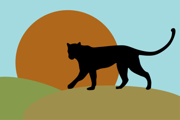 The silhouette of a black panther. A jaguar walks across the savannah, a cartoon silhouette against the background of the sun. © Richir