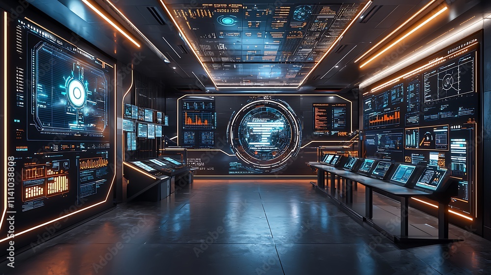 Poster futuristic control room with holographic displays and monitors showing data analysis.