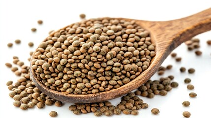 A wooden spoon filled with brown seeds, surrounded by scattered seeds on a white background.