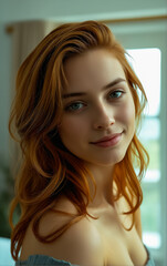 Naklejka premium A close-up portrait of a young woman with flowing red hair, soft natural light highlighting her warm smile and gentle expression.