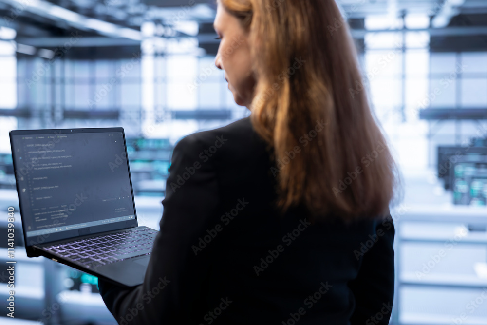 Poster engineer in data center tracking network traffic and activity, installing and configuring software u