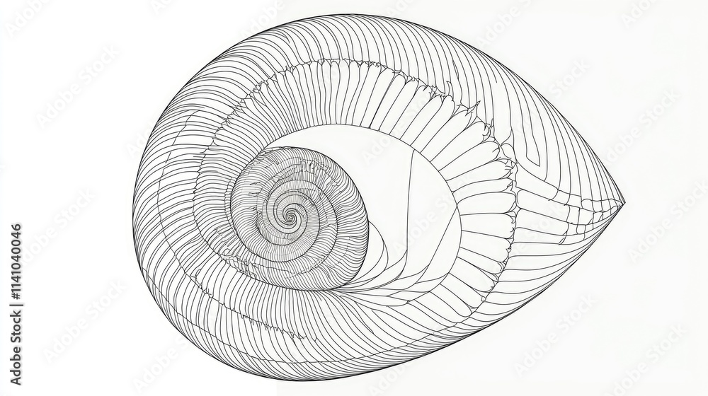 Poster a detailed line drawing of a spiral shell, showcasing geometric patterns and symmetry.