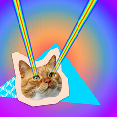 Rainbow lasers shooting from cat's eyes on colorful background, creative collage. Stylish poster