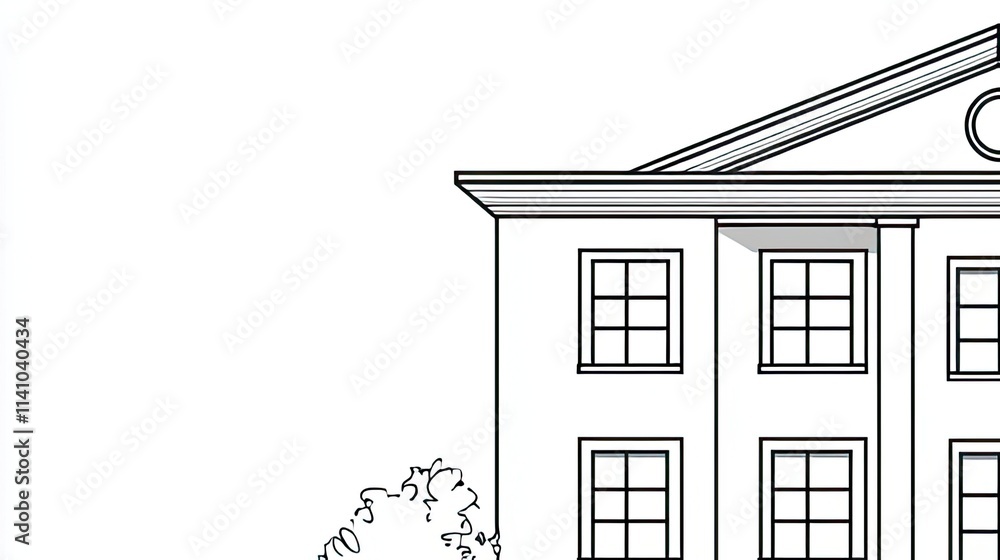 Poster a line drawing of a building with windows and a pediment, surrounded by trees.