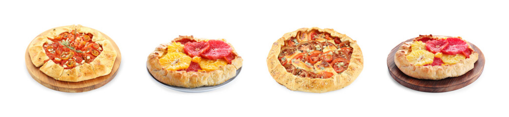 Different tasty galettes on white background, set