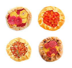 Different delicious galettes on white background, set. Top view