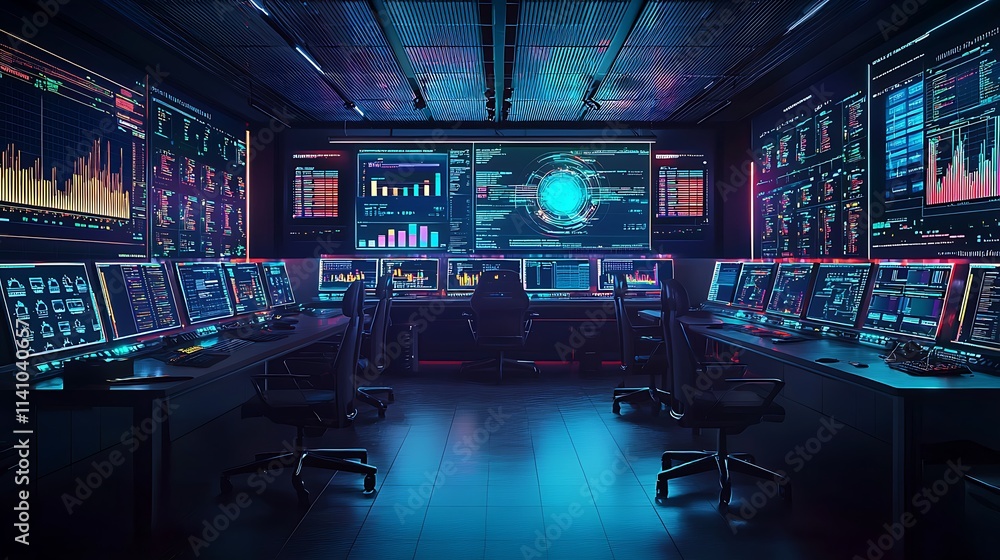 Aufkleber Futuristic control room with multiple monitors displaying data and graphs.