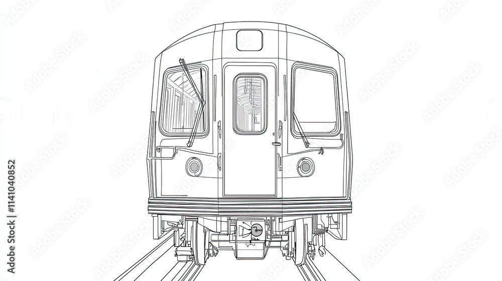 Poster a line drawing of a subway train front view, emphasizing its design and structure.