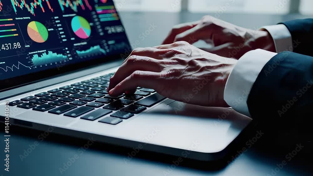 Poster data analysis on laptop screen with charts and graphs
