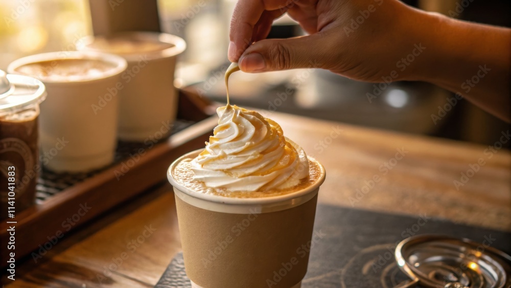 Poster a dynamic closeup of the cup as a hand reaches for it highlighting the lattes inviting swirl and she