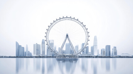Fototapeta premium modern city skyline with ferris wheel and reflections on calm water in a minimalist urban setting 