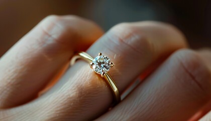 Fototapeta premium Woman is holding a ring in her hand. The ring is a diamond ring with a gold band
