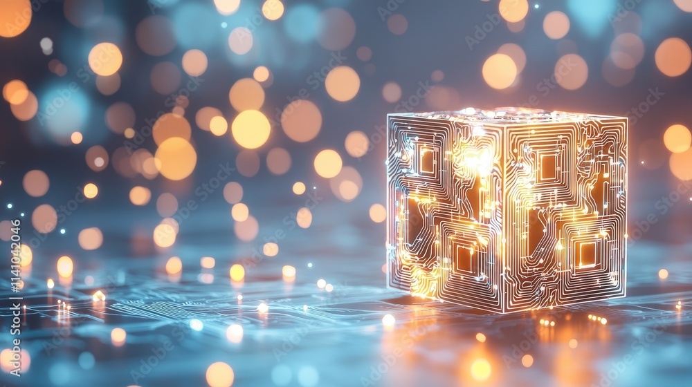Poster a glowing, intricate cube with circuit patterns, surrounded by shimmering bokeh lights.