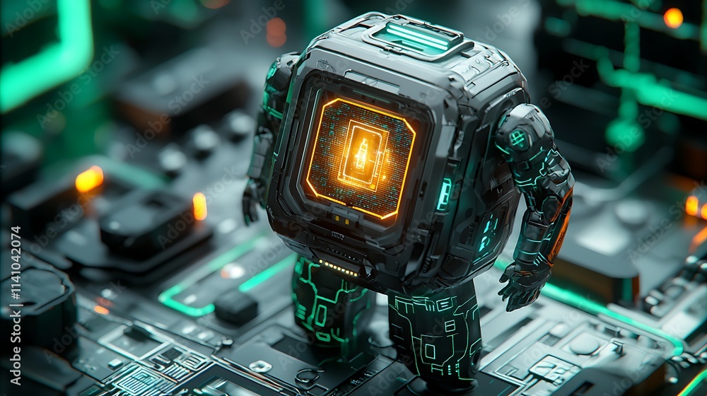 Poster Futuristic miniature robot with glowing core on circuit board.