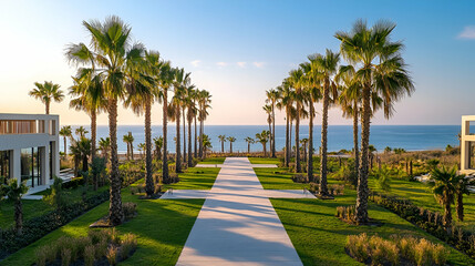 Obraz premium Florida Coastal Park with palm groves and white sandy paths, relaxing seaside escape