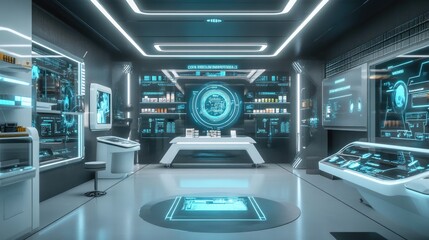 Futuristic lab interior with holographic displays, medical equipment, and sleek design.