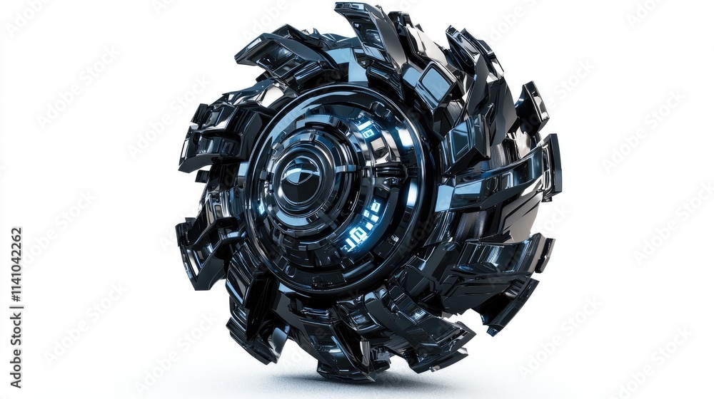 Poster a futuristic, mechanical object with intricate designs and glowing elements.
