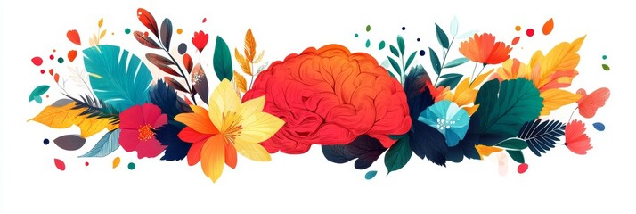 Vibrant floral arrangement with a stylized brain at the center.
