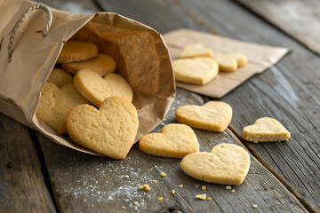 A rustic arrangement of heart-shaped cookies spilling out of a paper bag on a wooden table. A warm and inviting scene, perfect for holidays or celebrations.