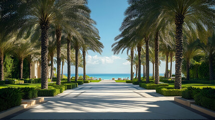 Florida Coastal Park with palm groves and white sandy paths, relaxing seaside escape