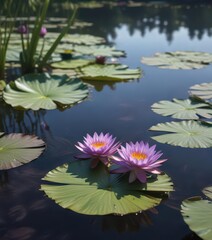 Solitary purple water lily, serene pond surface,  nature,  still water