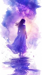 Obraz premium Ethereal figure of a woman stands in a tranquil reflection on still water surrounded by a magical cosmic sky filled with stars and celestial energy The scene evokes a sense of wonder enchantment