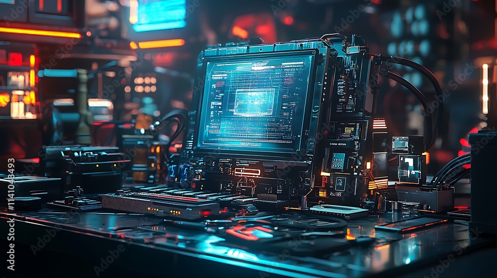 Poster Futuristic computer with glowing screen in a cyberpunk setting.