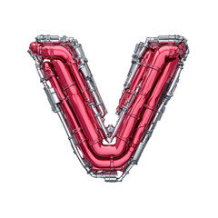 A metallic, chrome and red letter V made of pipes.