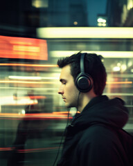 Young Man with Headphones in a Cityscape with Blurred Lights.