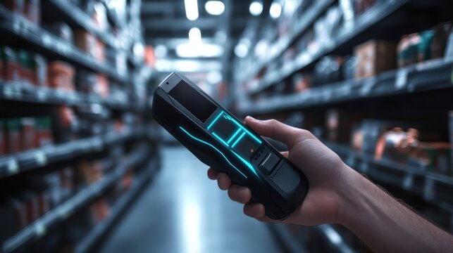 A detailed picture of an RFID scanner in a workers hand with a background of shelves filled with products highlighting the impact of 5G on asset tracking and inventory management.