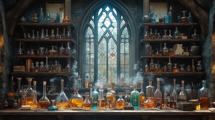 Alchemist's laboratory: shelves of potions, bubbling concoctions.