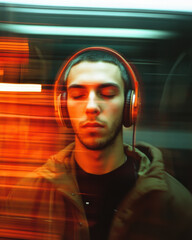 Young Man with Headphones in a Cityscape with Blurred Lights.