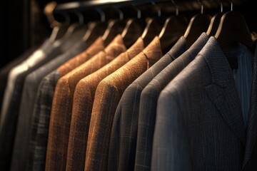 Obraz premium Row of brown and gray clothing on hanger.