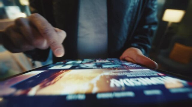 Footage of unrecognizable guy touching screen of digital tablet while looking for movie to watch in evening. Horizontal view of young man using app with streaming video. Entertainment. Leisure