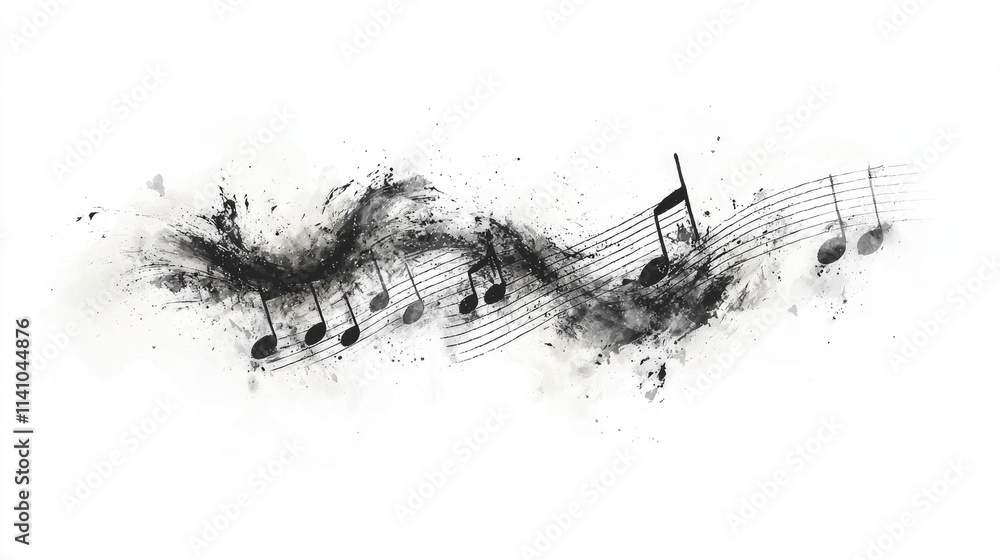 Poster a dynamic illustration of musical notes flowing with abstract splashes of black and gray.