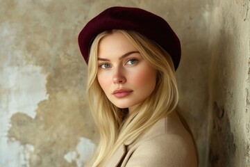 Portrait of blonde woman in beige and red beret.