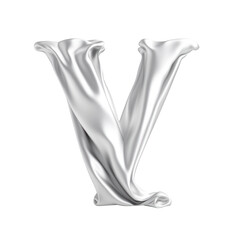 A silver satin letter 'V' standing against a white background.