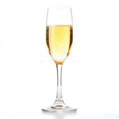 Elegant Glass of Sparkling Champagne with Bubbles on White Background