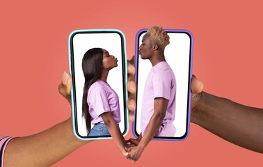 Two people holding smartphones face-to-face while expressing love and connection. Their hands are...