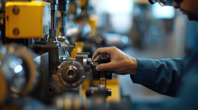A closeup of machinery controls operated by skilled hands with an augmented reality headset showcased nearby suggesting innovative approaches to machinery training.